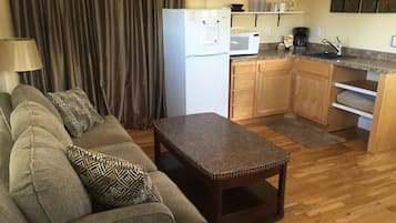 Un salon comprenant un canapé, des coussins à motifs, une table basse, un réfrigérateur, un four à micro-ondes, un évier et des meubles de rangement en bois.