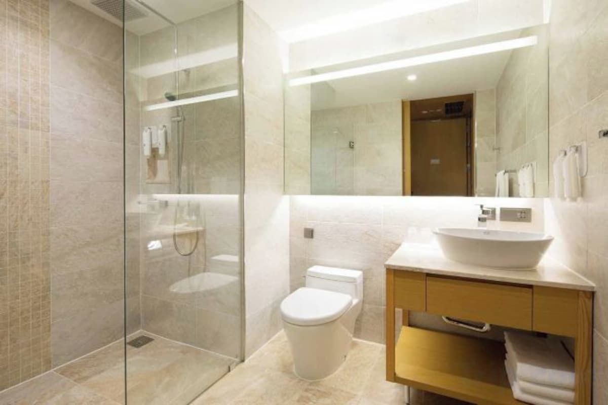 Baño | Regadera, secadora de cabello, pantuflas, bidet
