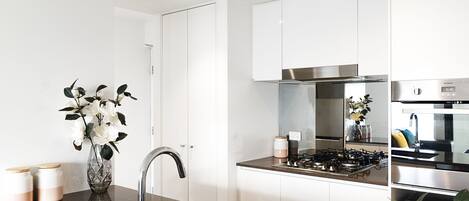Premier Two Bedroom Apartment with Balcony | Private kitchen | Fridge, microwave, oven, stovetop