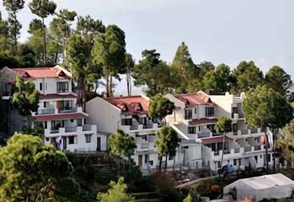 A cluster of white buildings with red roofs, surrounded by tall trees.