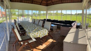 A covered outdoor seating area with a table and chairs, wicker furniture, and a view of a green field. - Vindängs Gård (Sloinge)
