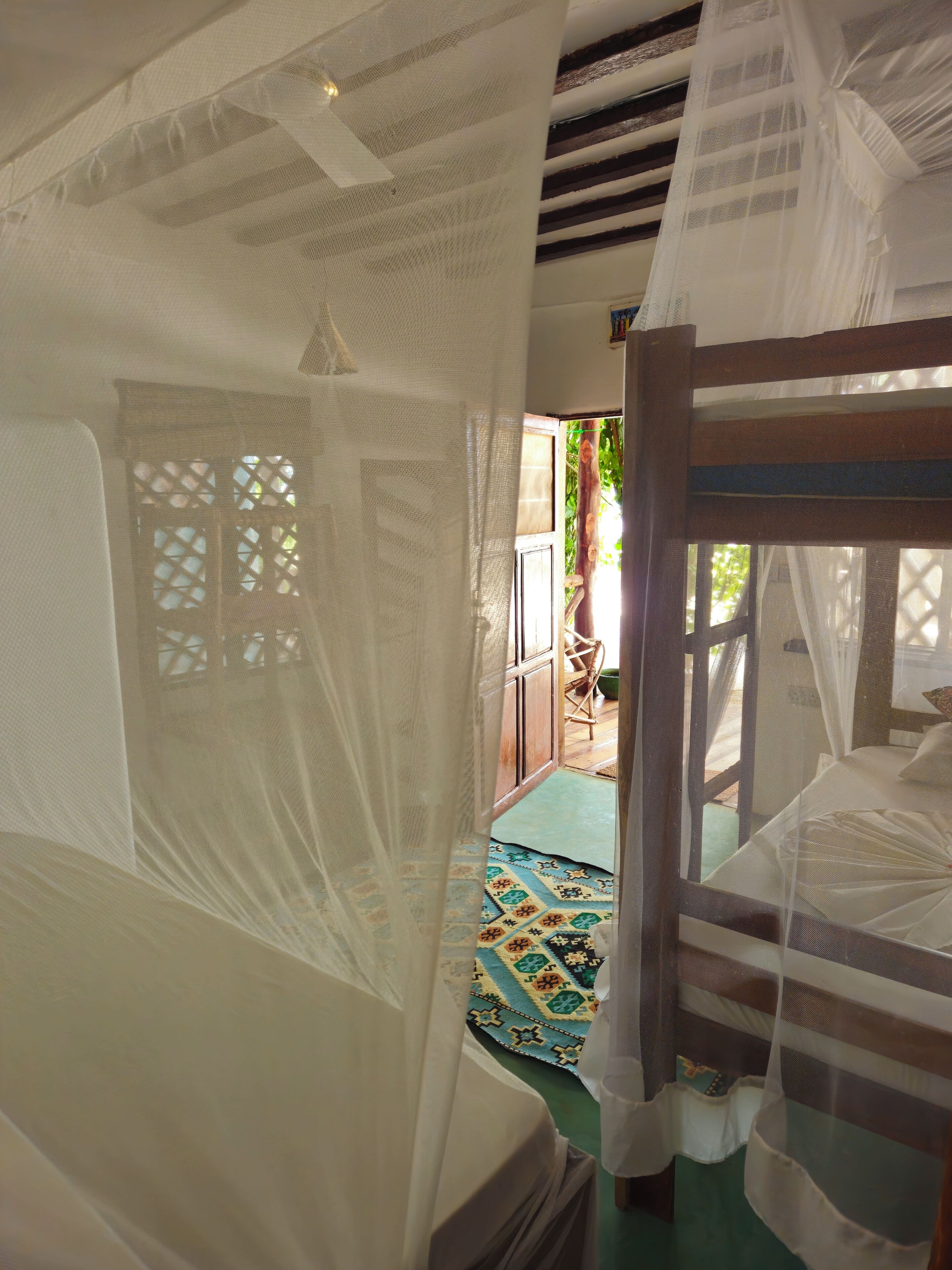 A room with a bed covered in white netting, a wooden bench, and a patterned rug on the floor.