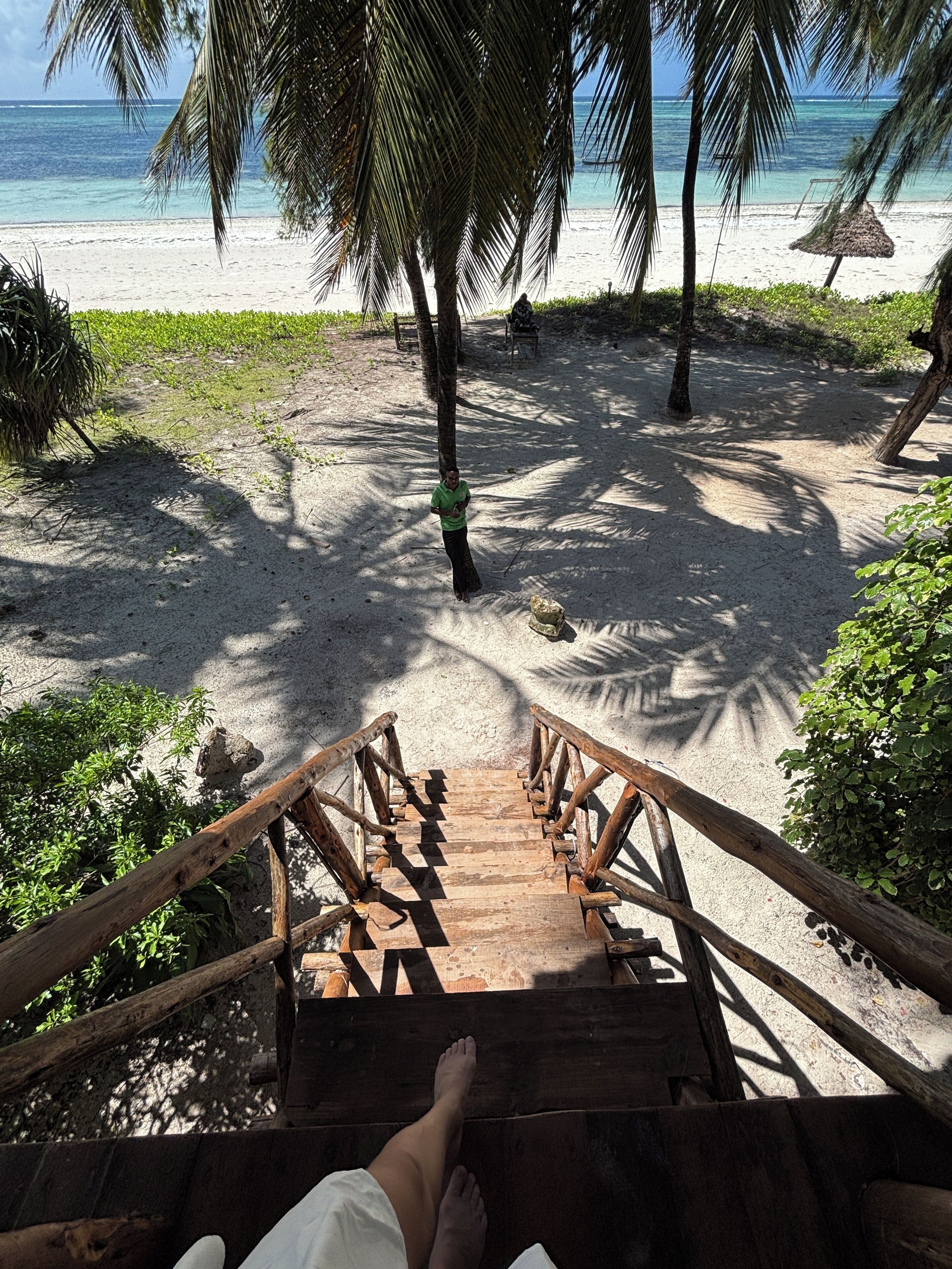 A wooden staircase leading to a beach with palm trees and a view of the ocean.