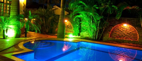 Outdoor pool, pool umbrellas, pool loungers