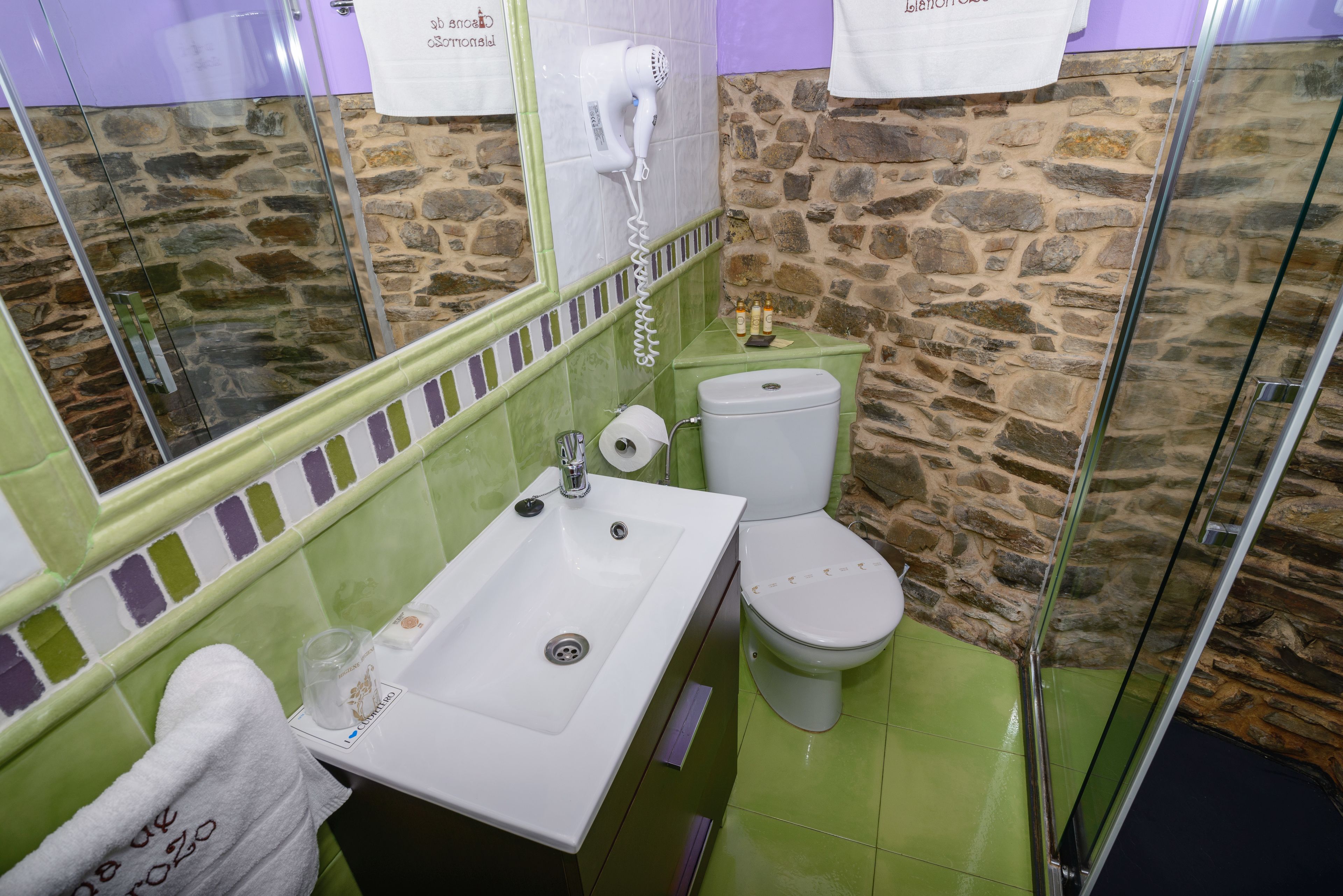 Ein Badezimmer mit Steinwand, Waschbecken in Weiß, Toilette und Duschkabine aus Glas.