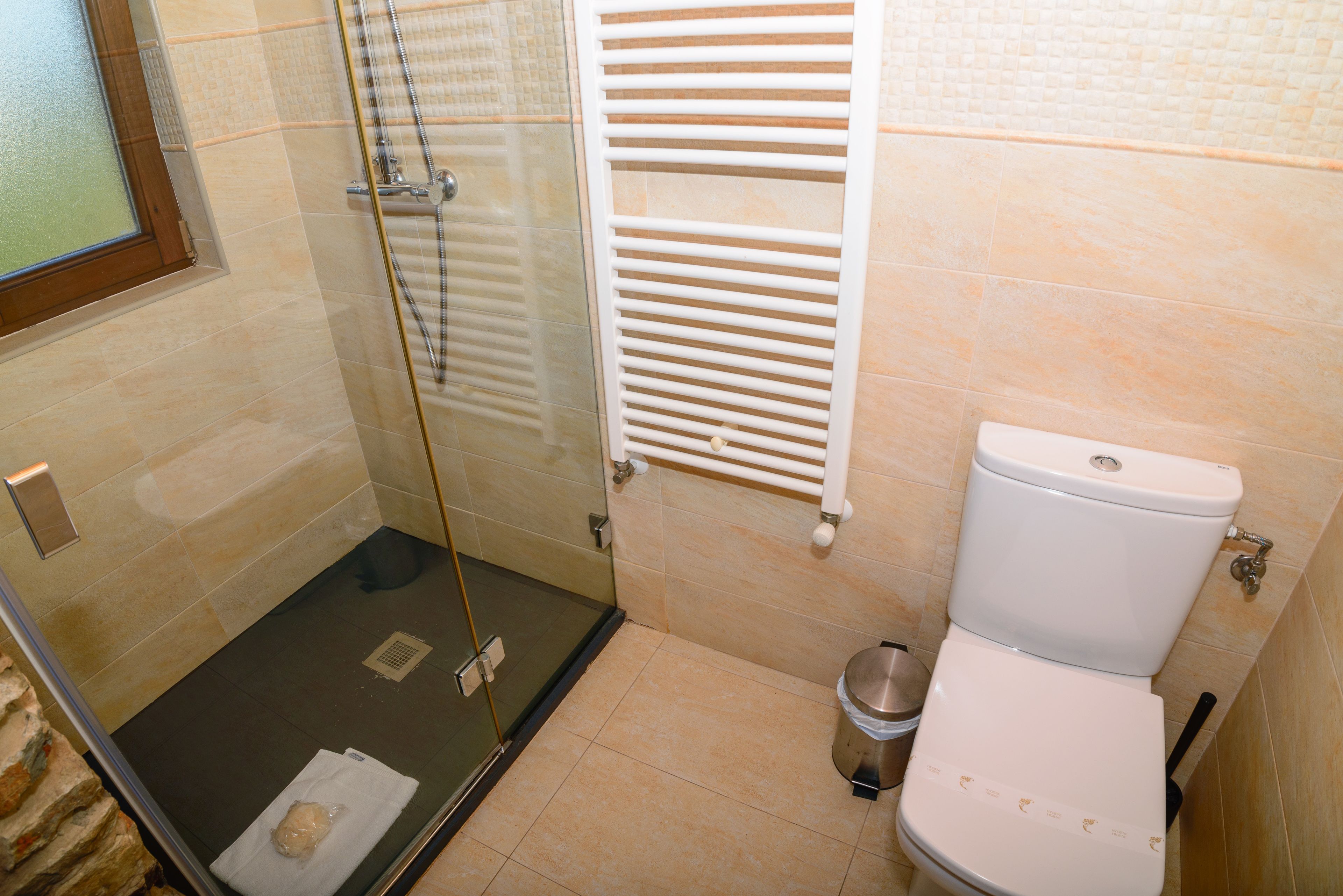 Un baño con cabina de ducha de vidrio, inodoro y barra para toallas.