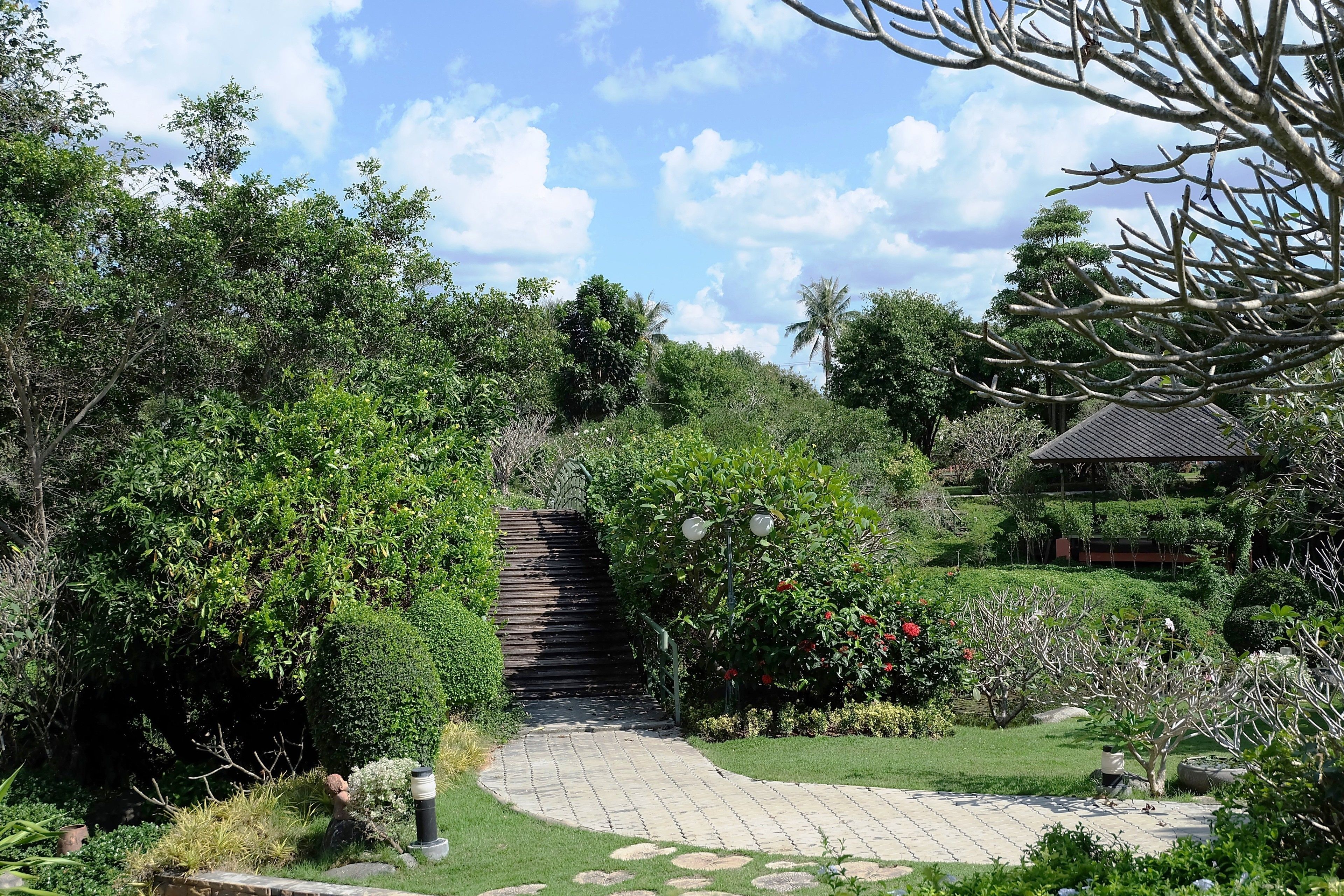 A garden pathway leading to a traditional building with a tiled roof.