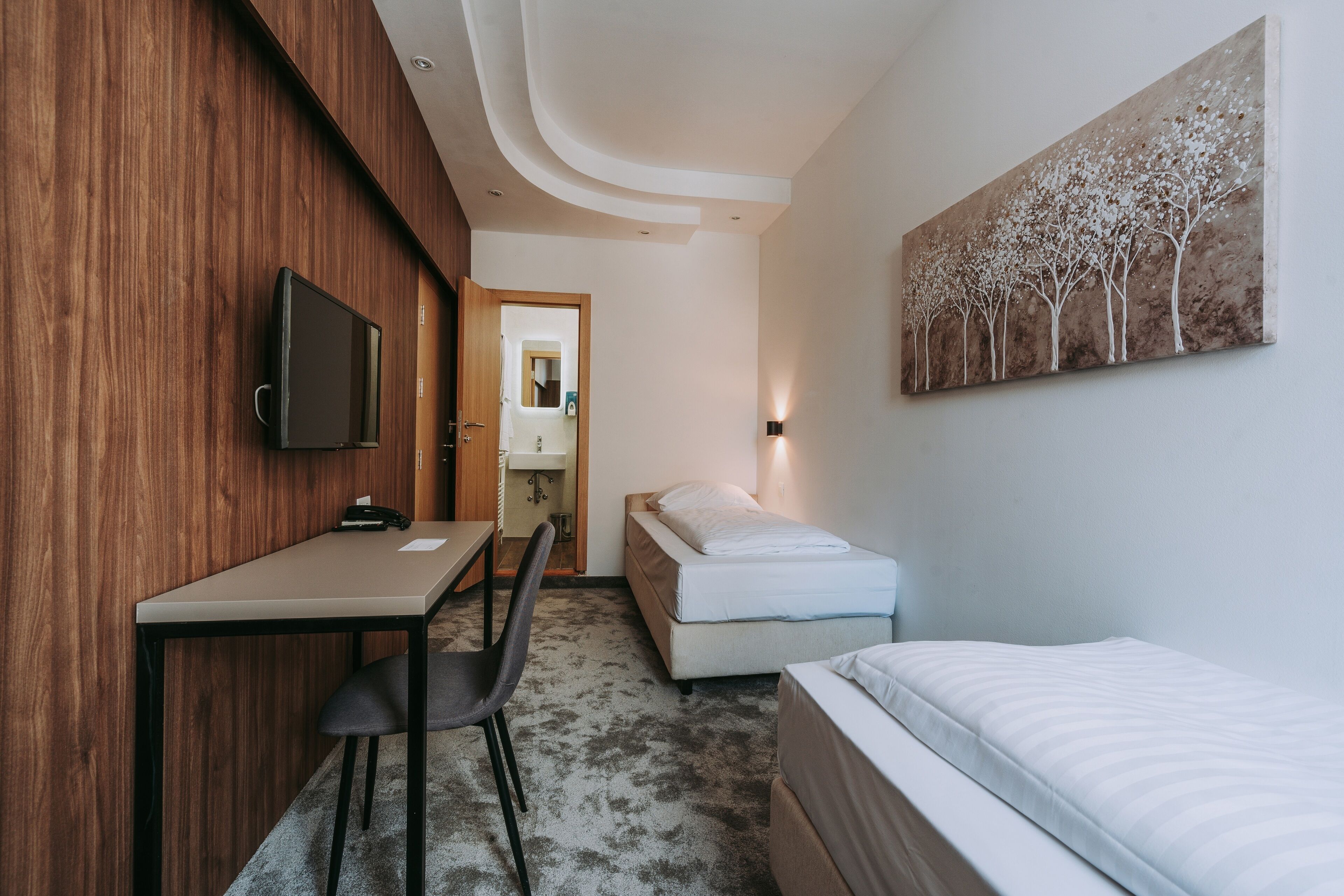 Een compacte hotelkamer met een houten accentmuur, een flatscreen televisie, een bureau met stoel, een bed en een schilderij van bomen.