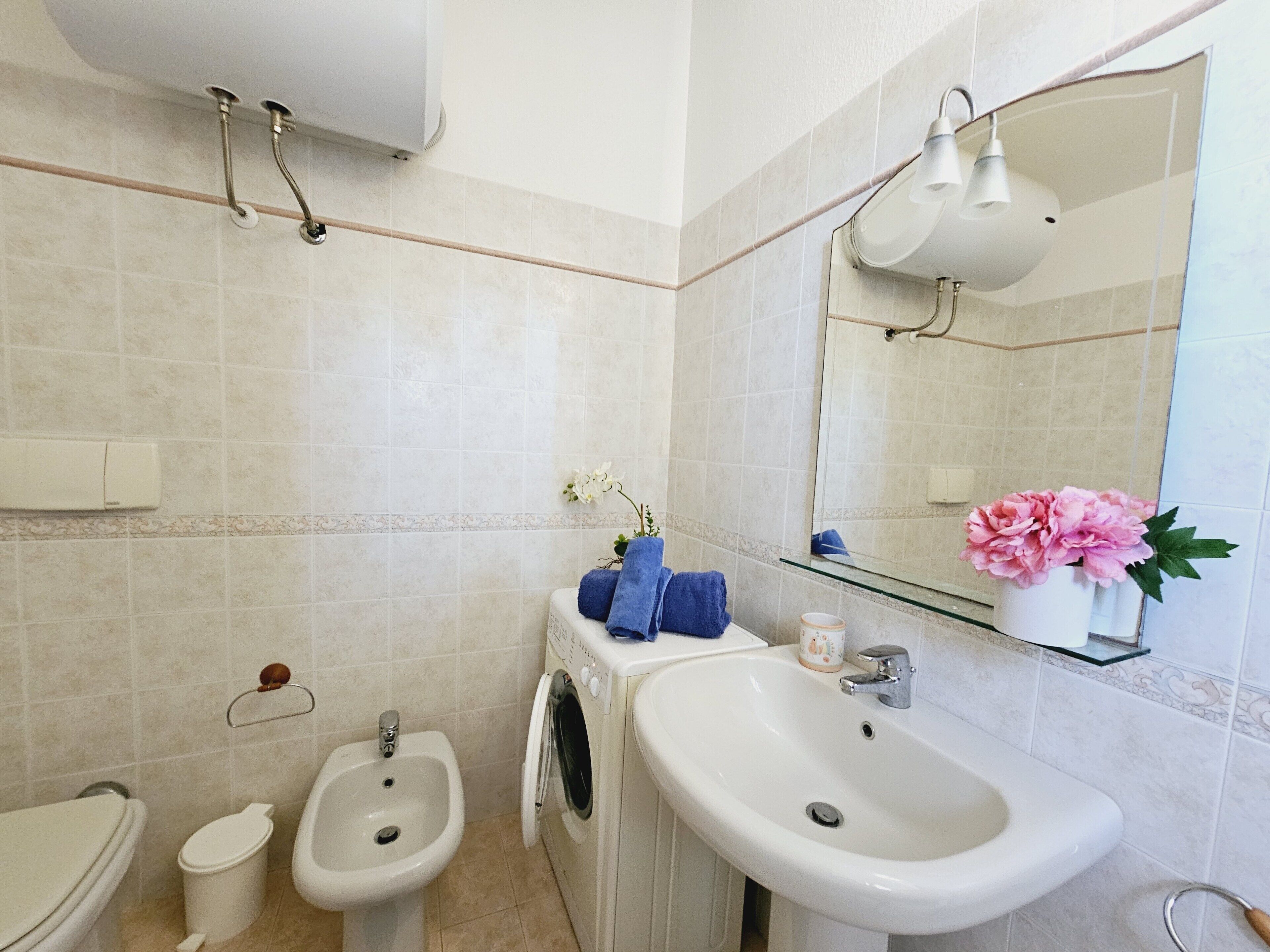 A bathroom with a sink, bidet, and washing machine.