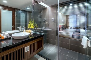 Rainfall showerhead, free toiletries, hair dryer, bathrobes