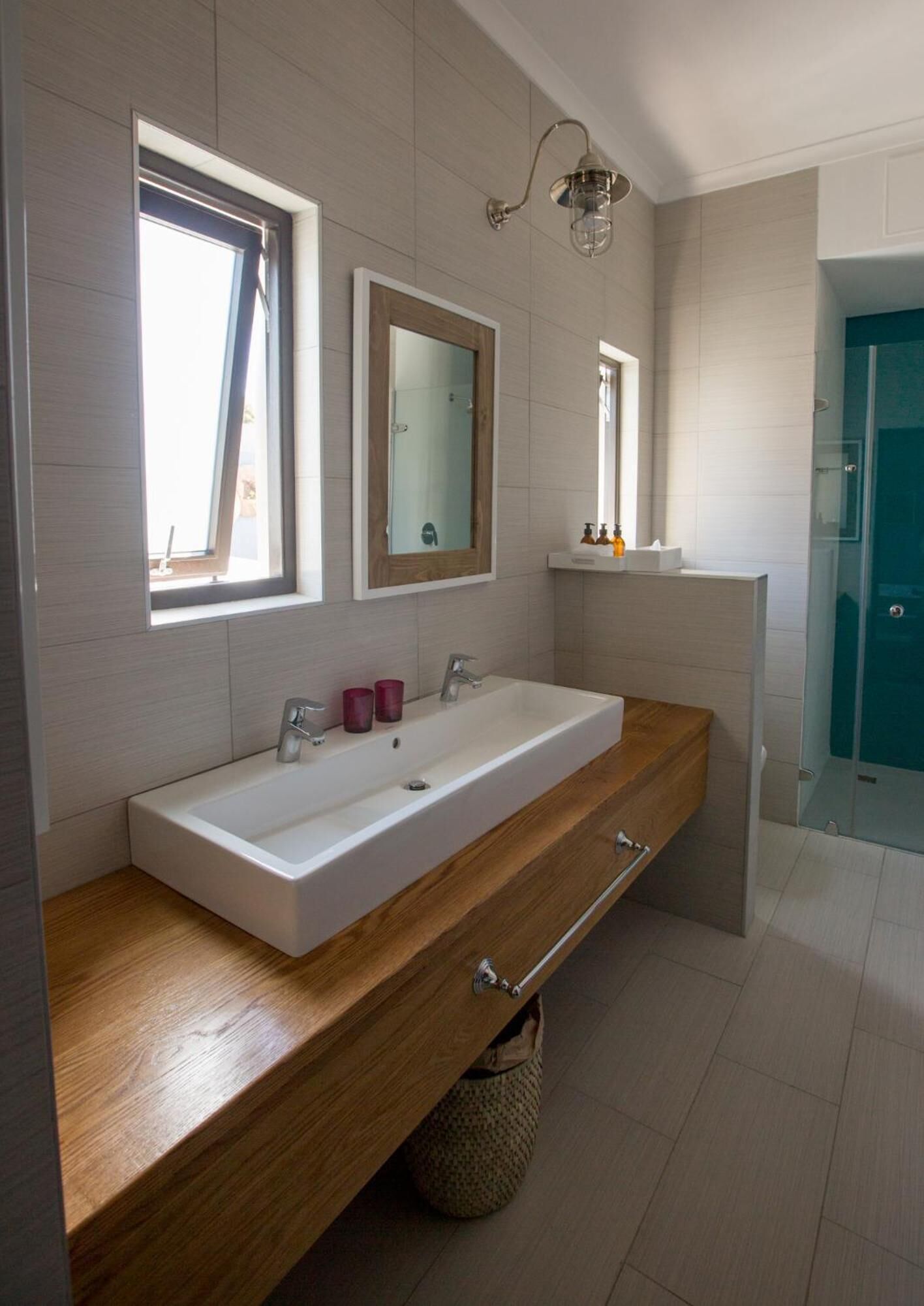 shower, rainfall showerhead, hair dryer, towels