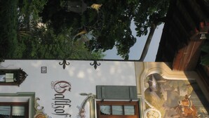 Une façade d’immeuble ornée d’une fresque murale, de cadres de fenêtres décoratifs et d’une enseigne portant le nom « Saalhof ».