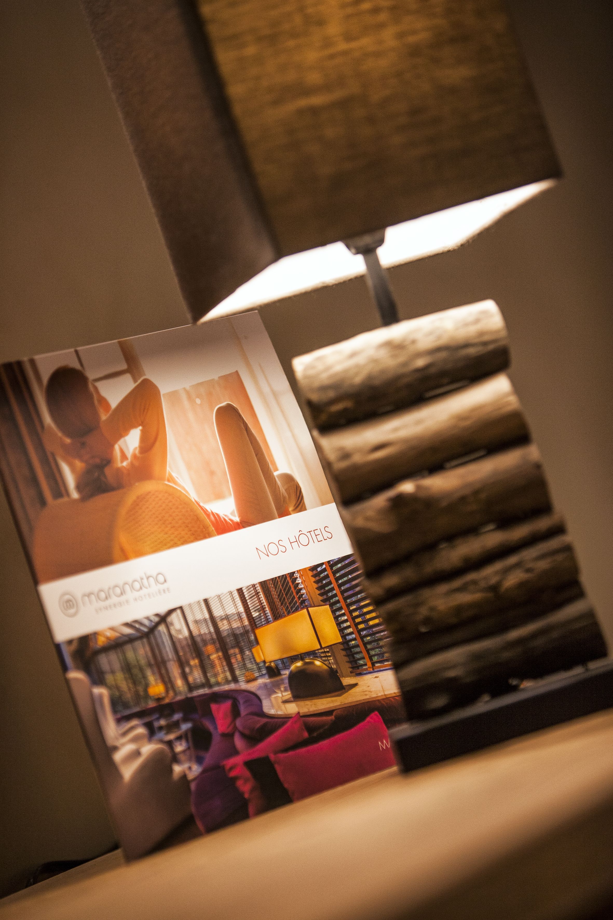 A brochure with a photo of a room, a bed, and a nightstand.