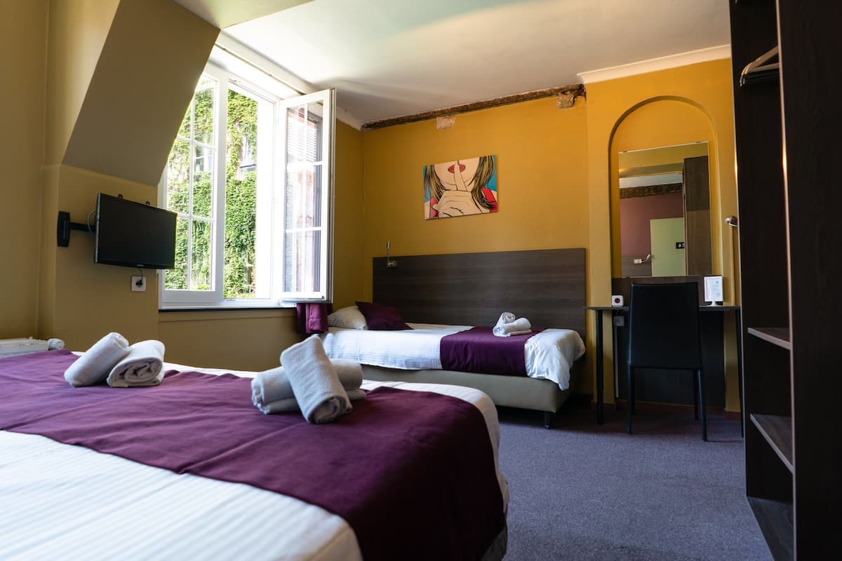 Habitación de hotel con dos camas, un escritorio, una silla, un televisor y una ventana con vistas a zonas verdes.