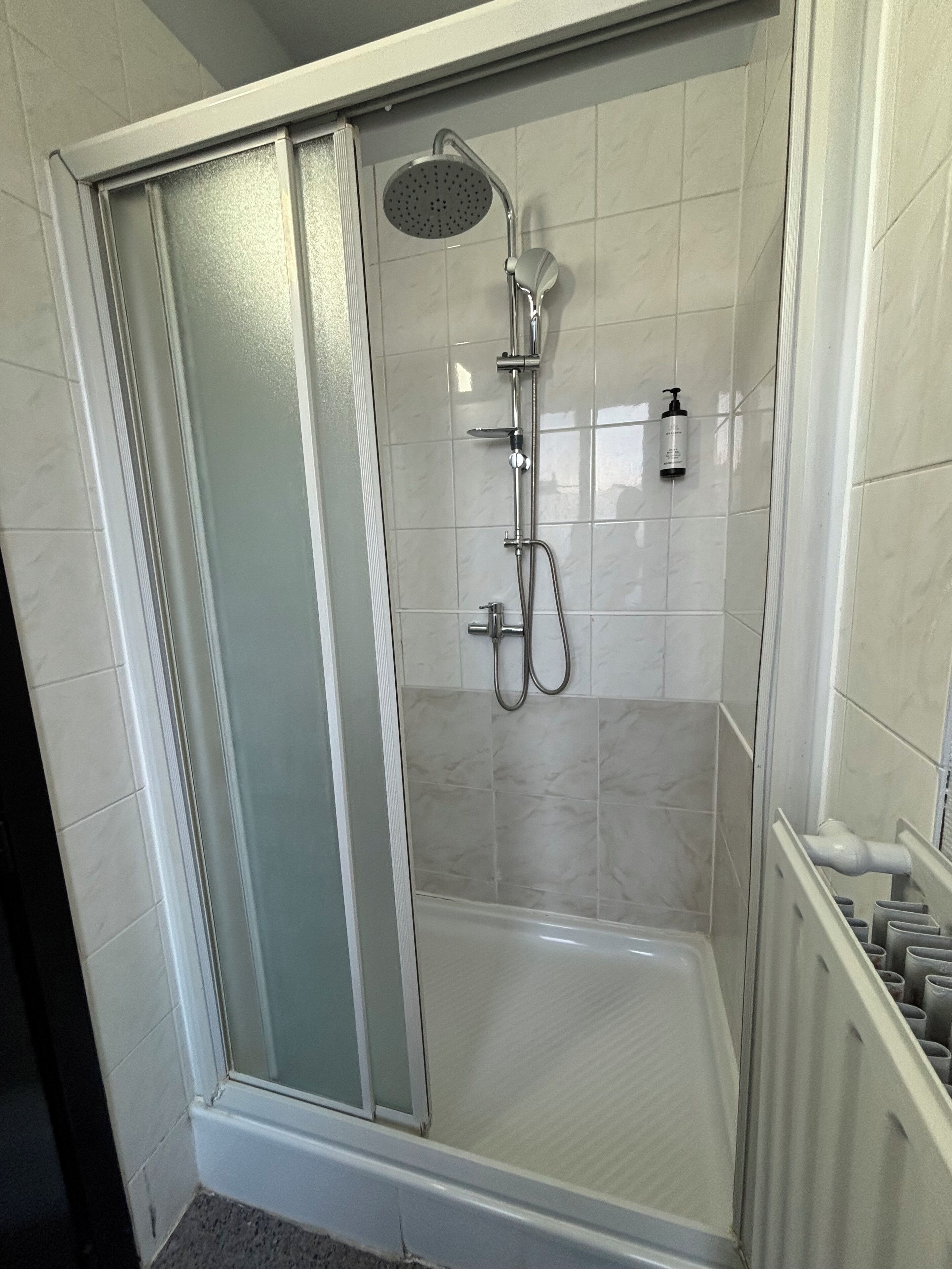 A walk-in shower with a glass door, a handheld showerhead, a handheld shower nozzle, and a bottle of shampoo.