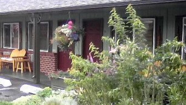 A building with a porch, a chair, and various plants. - Mingo Motel (Wallowa)