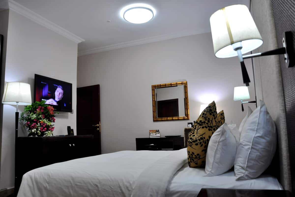 Una habitación de hotel con cama, televisor, espejo, cómoda y lámpara.
