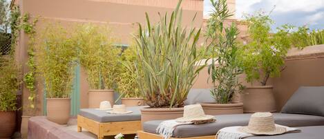 A cozy outdoor seating area with wooden furniture, potted plants, and a clear view of the sky.