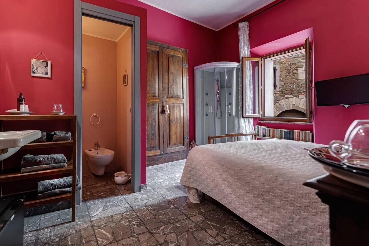 Una habitación con una cama, un baño con ducha y una chimenea.
