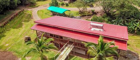 Un edificio de dos pisos con techo rojo, rodeado de exuberante follaje y palmeras.