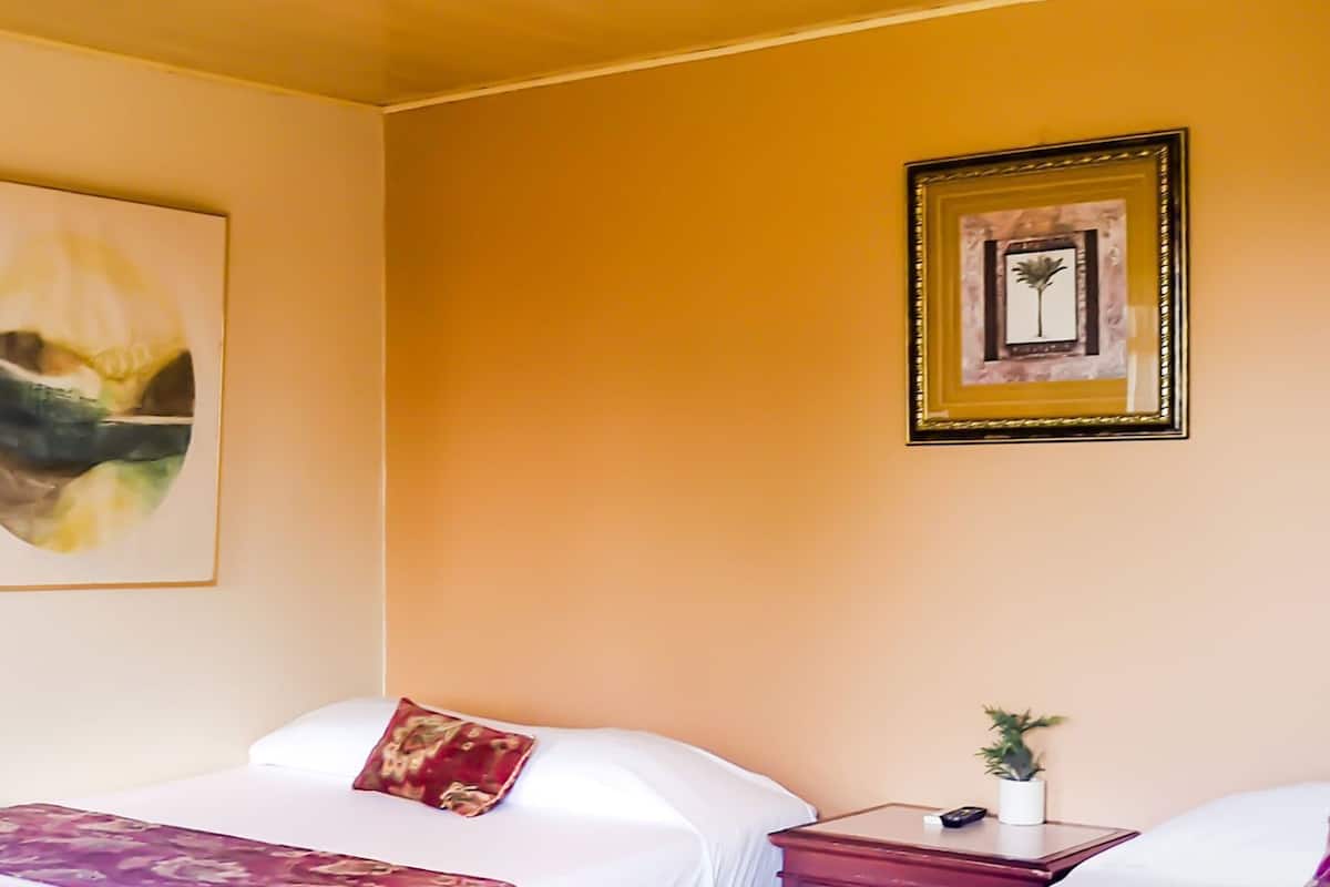 Una habitación de hotel con una cama, una mesita de noche con una planta y dos cuadros en la pared.