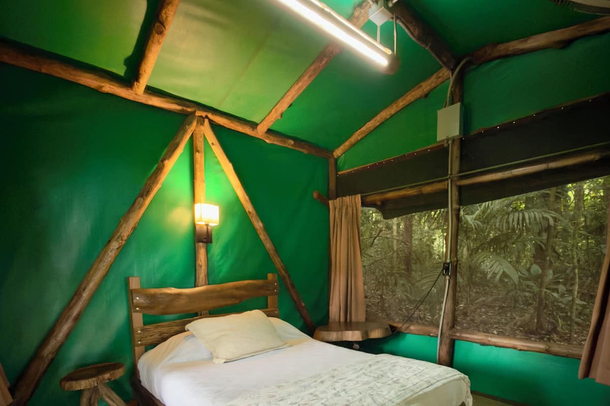 Una habitación con una cama, un taburete pequeño, una ventana y una pared verde.