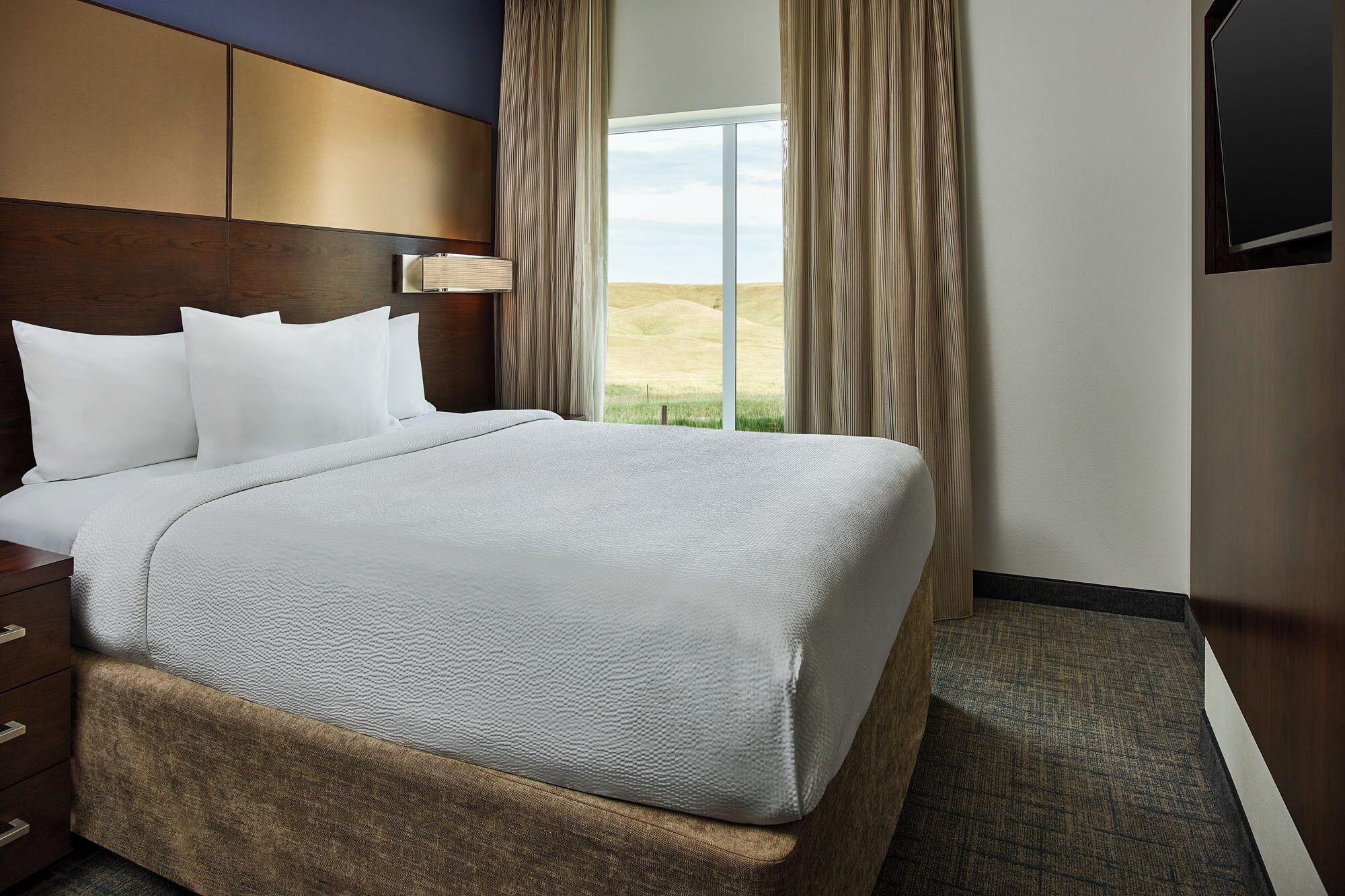 Habitación de hotel con una cama grande, cabecera de madera, mesita de noche con lámpara y vista a un paisaje con césped por la ventana.