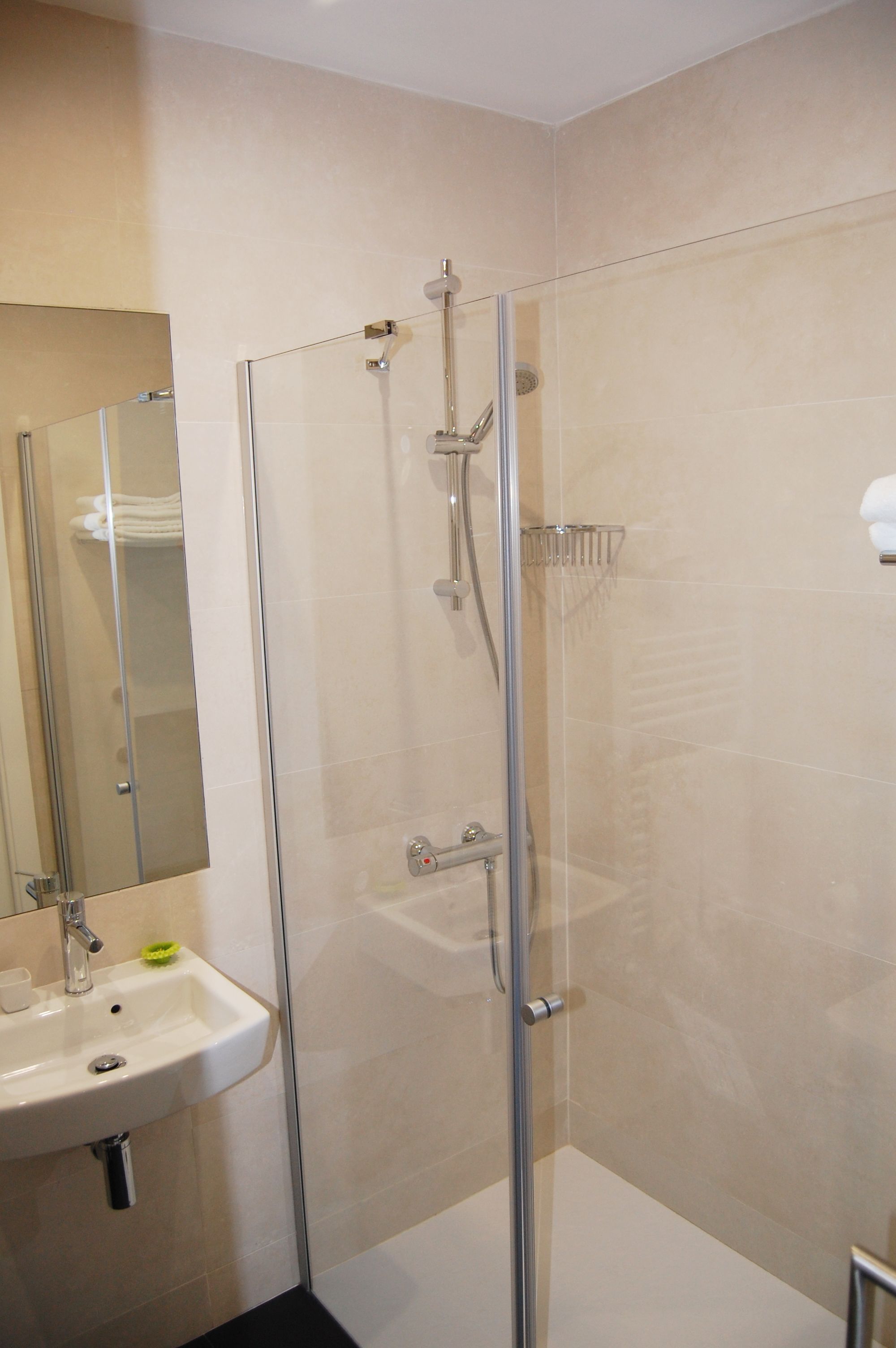A modern bathroom with a glass-enclosed shower, a sink with a mirror, and a towel rack.