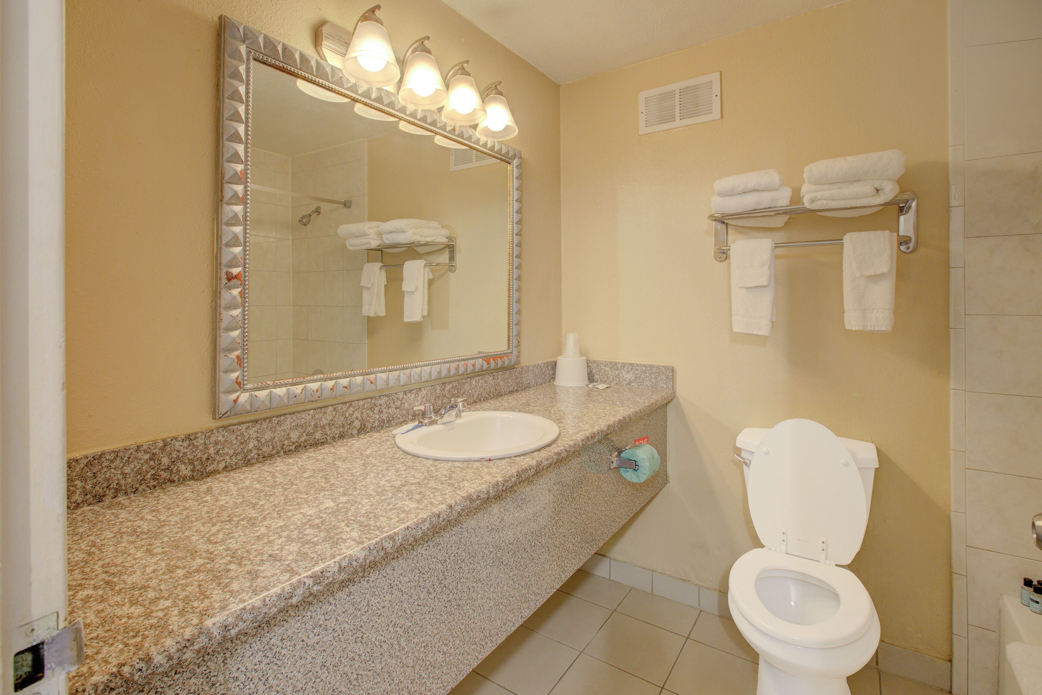 Une salle de bain dotée d’un comptoir en granit, d’un lavabo, de toilettes, d’un miroir avec éclairage intégré et d’un porte-serviettes.