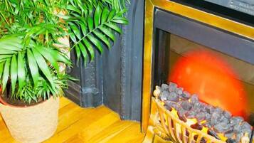 Una chimenea con un celosía decorativa, una planta en maceta y piso de madera.