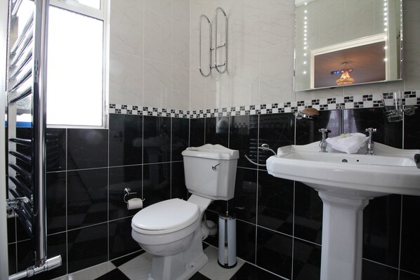 A modern bathroom with a toilet, sink, and shower. - Donnybrook Hall (Dublin)