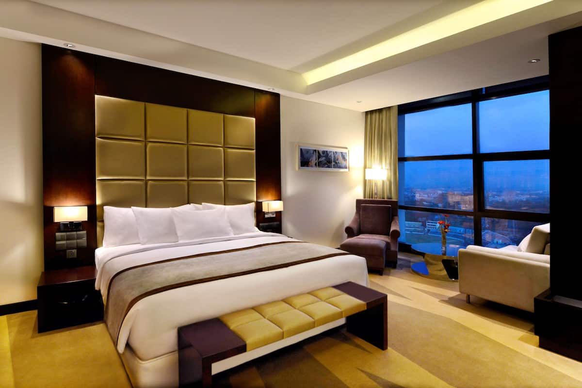 A hotel room with a large bed, a seating area with a chair and sofa, a nightstand, a lamp, and a large window offering a city view.