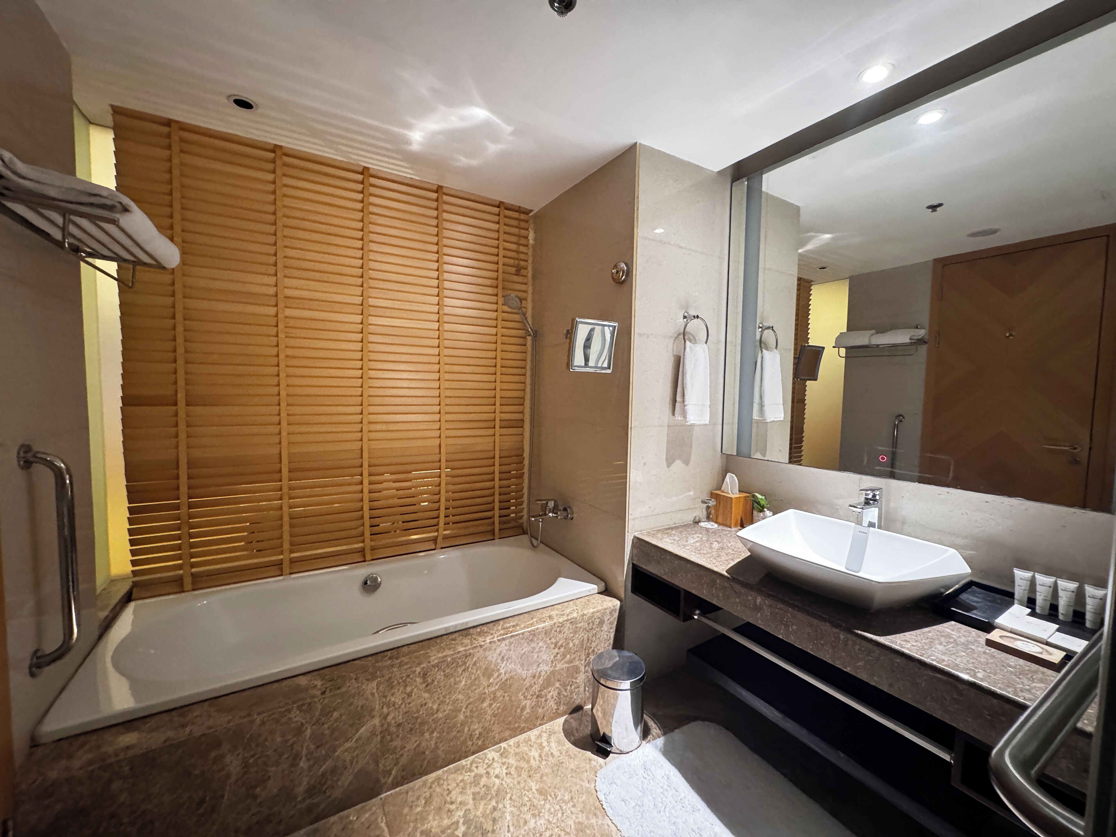 junior suite (lounge access) | bathroom | separate bathtub and shower, hair dryer, slippers, towels