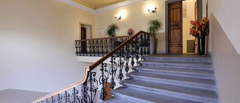 A grand staircase with ornate metal railings and a wooden handrail, leading to a landing with a door and a potted plant.