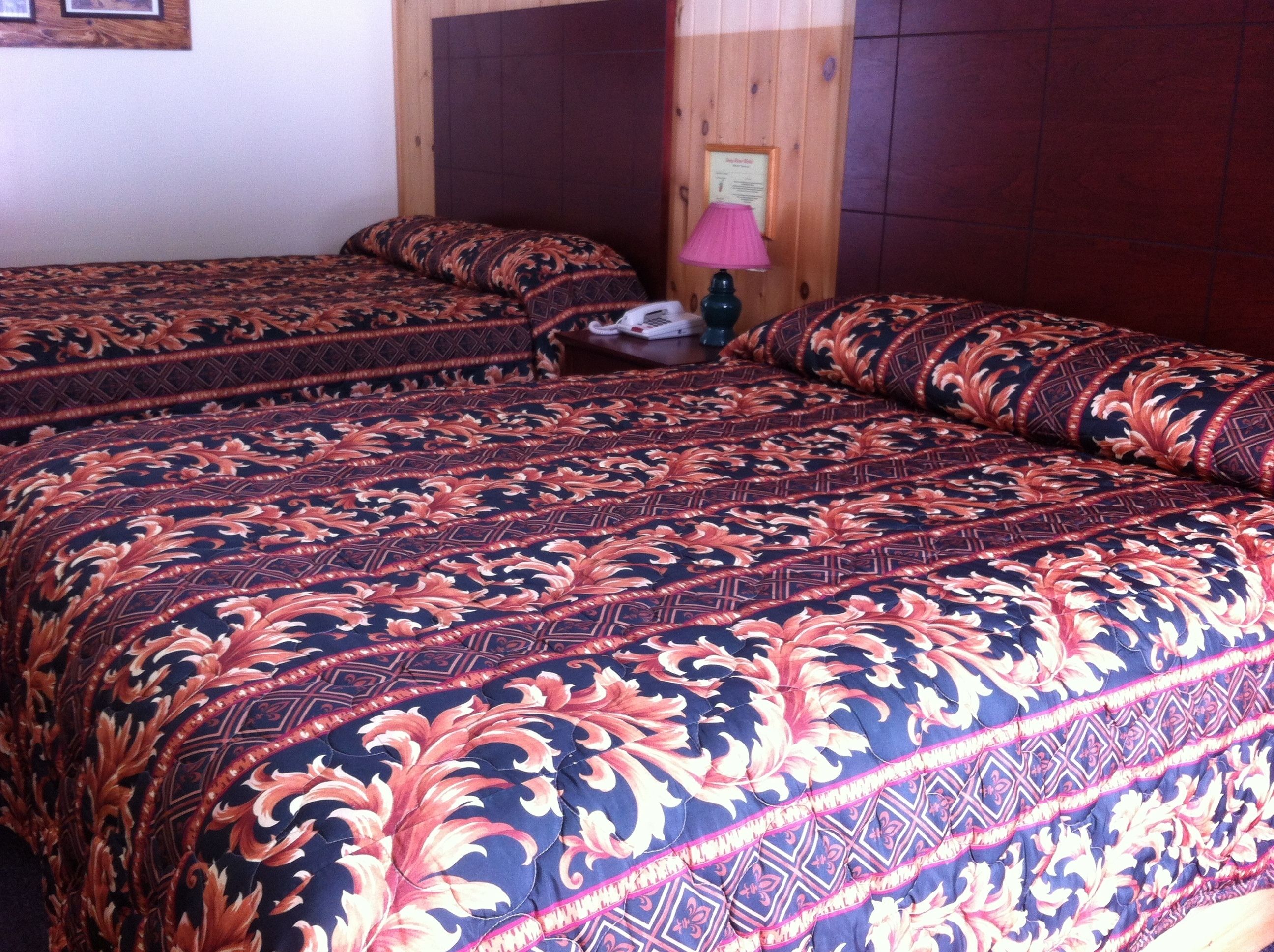 A room with two beds, each with a patterned bedspread. There is a lamp on a nightstand between the beds.