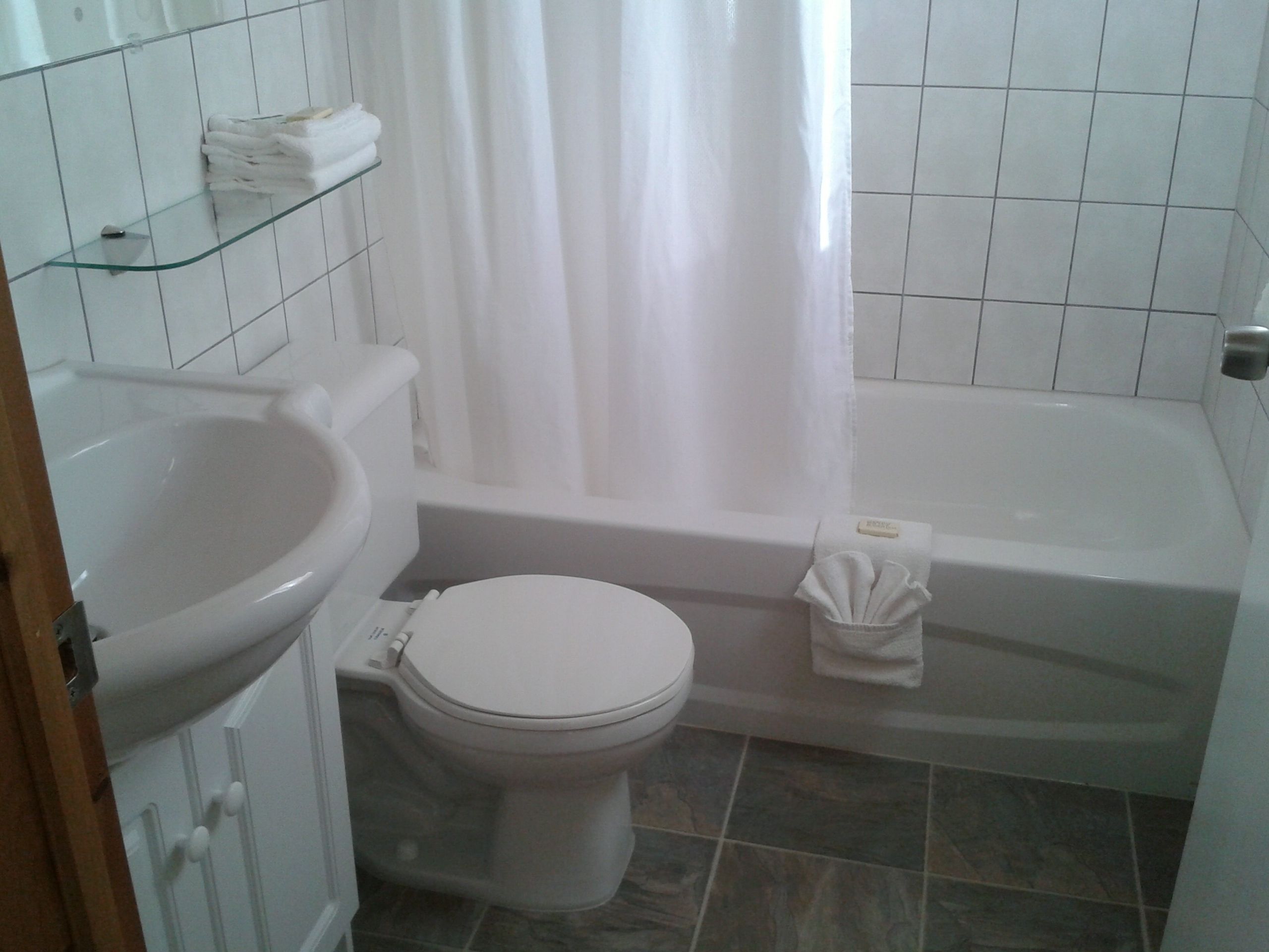 Combined shower/tub, free toiletries, towels