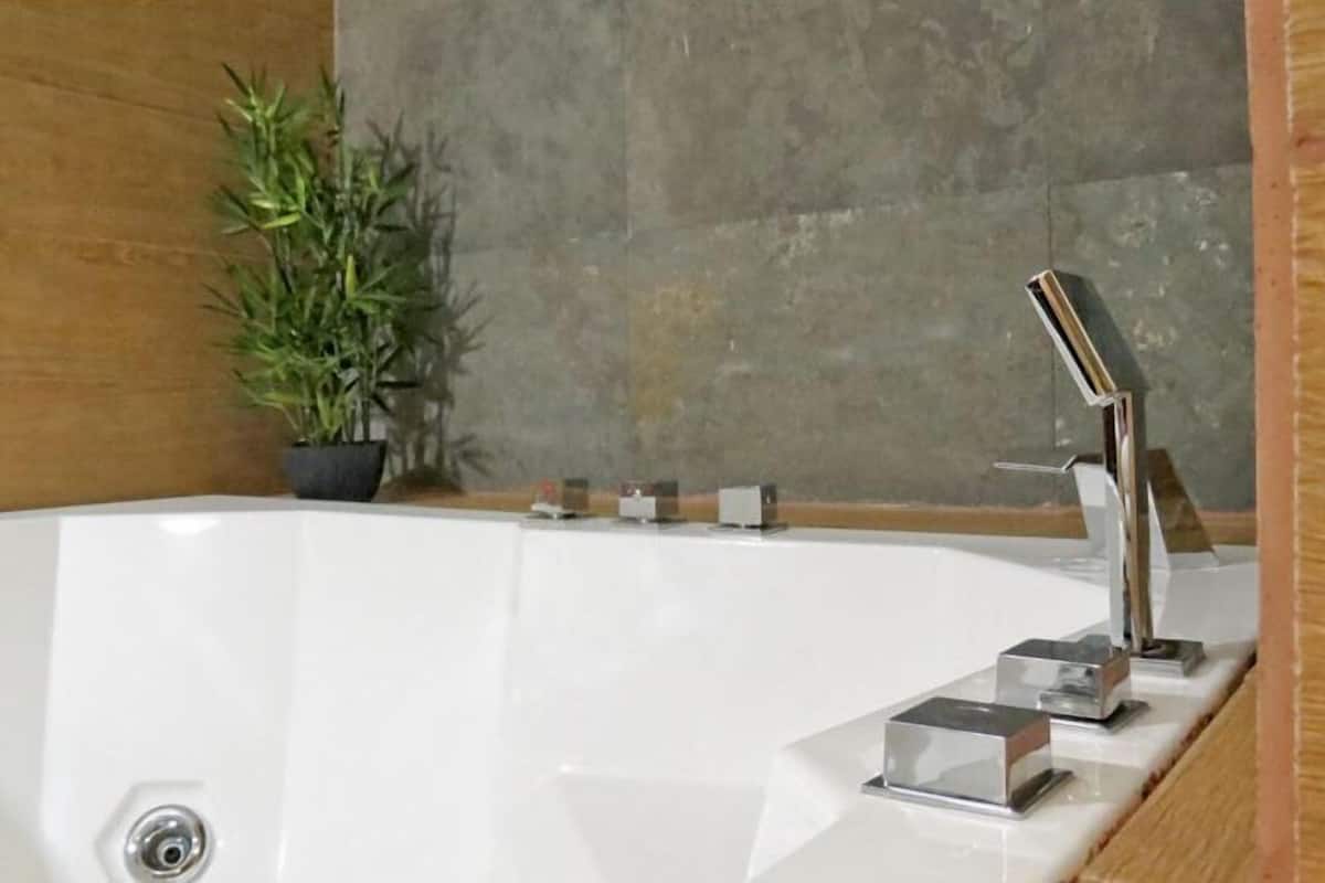 A modern bathroom with a large white bathtub, a potted plant, and a sleek, metallic faucet.