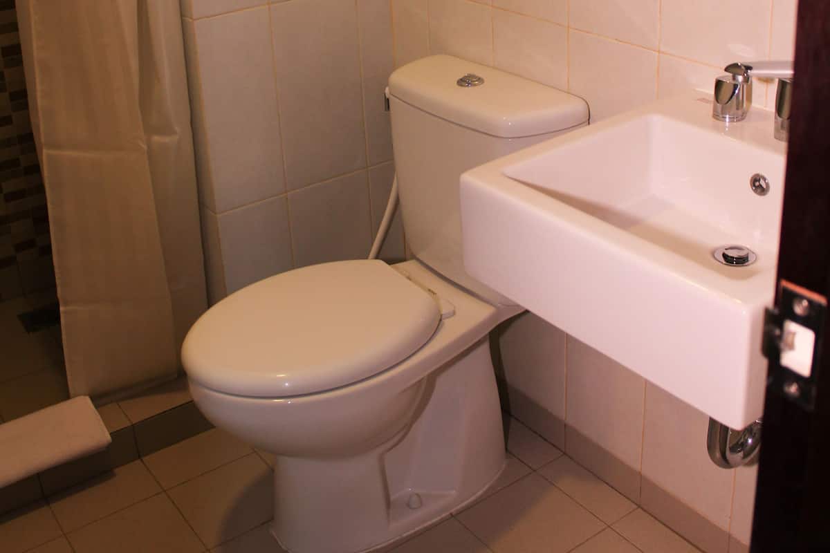 A bathroom with a toilet, sink, and shower curtain.