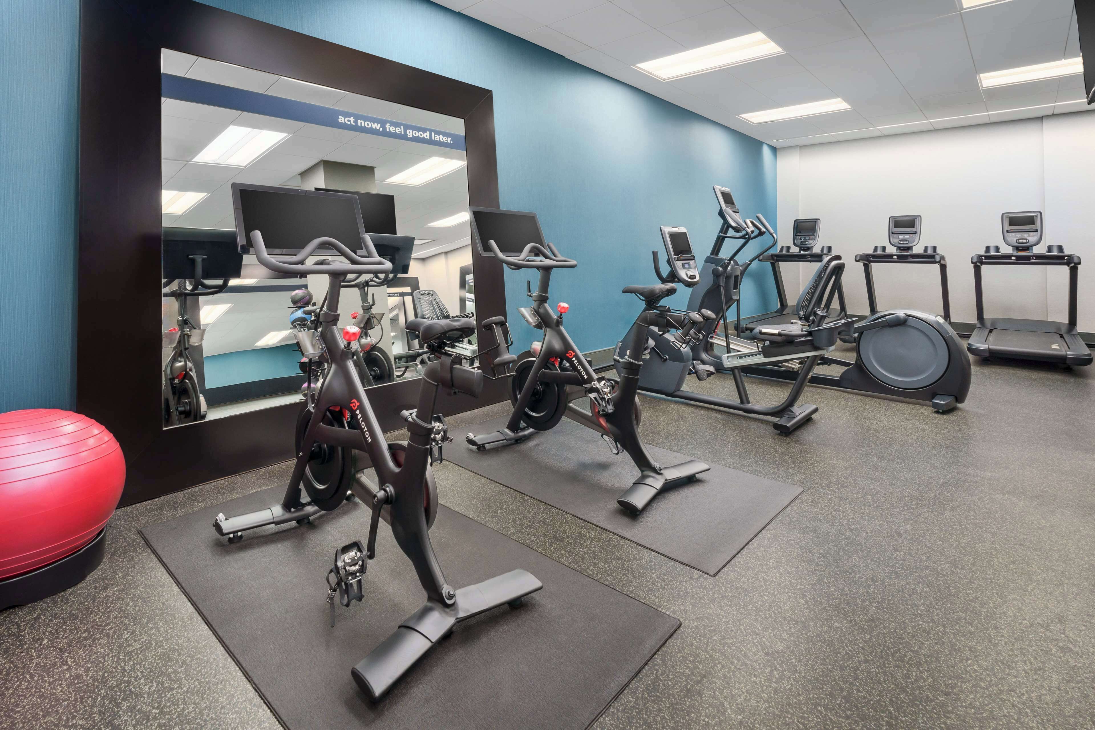 A gym with stationary bikes, treadmills, and exercise balls.