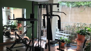 A gym with exercise equipment, wooden flooring, and potted plants.