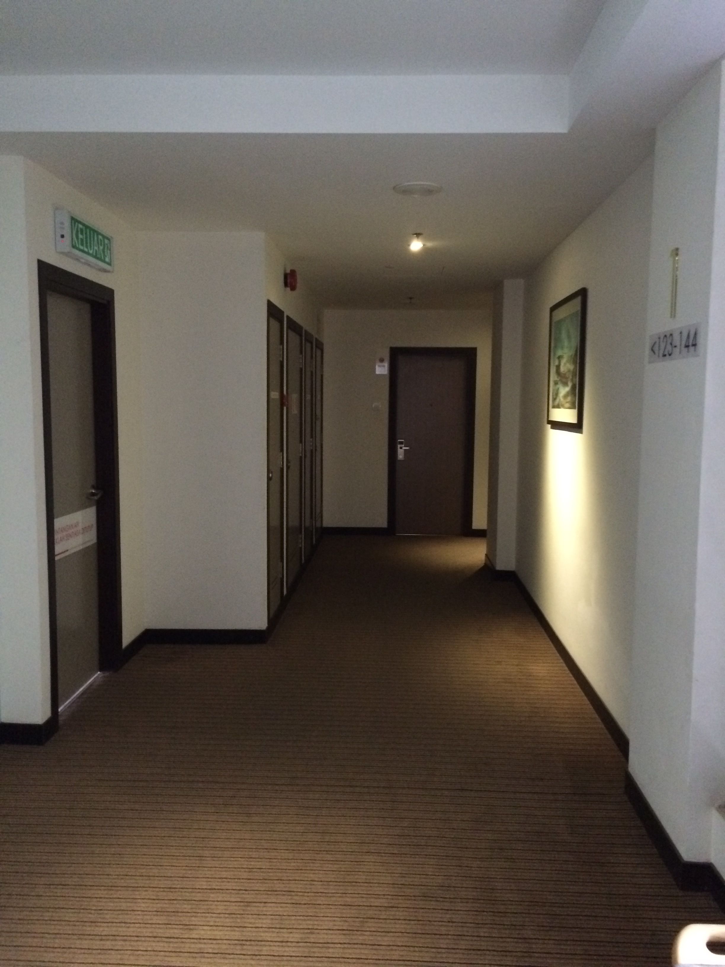 Un pasillo con puertas a ambos lados, piso alfombrado y un cartel que indica la zona de recepción.