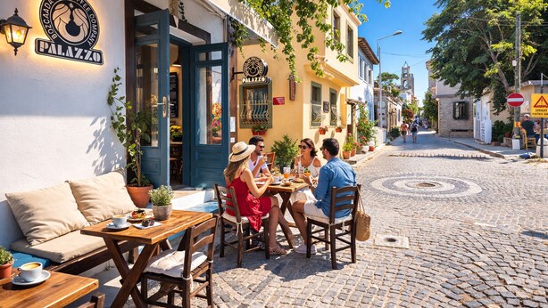 An outdoor café with wooden tables and chairs, a blue door, and a sign for "Palazzo." - 19 Oda Bozcaada (Adults Only) (Bozcaada)