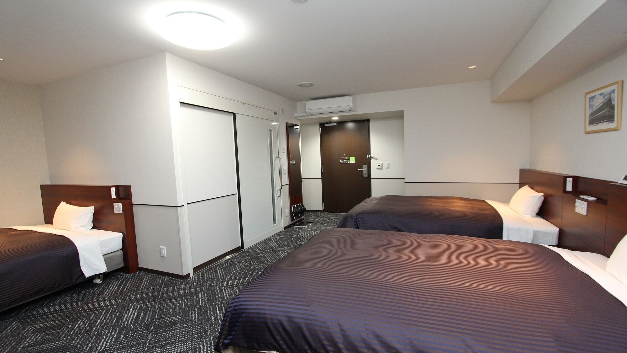 A hotel room with two beds, a wardrobe, a door, and a carpeted floor.