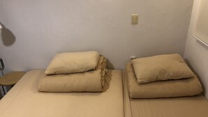 A single bed with two pillows and a bedside table.