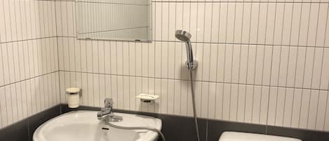 A bathroom with a white sink, a toilet, and a shower.