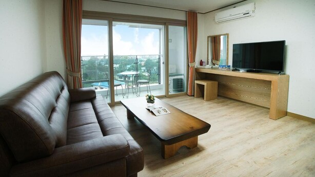 A modern living room with a leather sofa, a wooden coffee table, a TV on a wooden stand, and a balcony with a view of buildings and trees. - Bowoohill (Seogwipo)