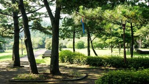 A park with a paved path, benches, and trees. - Bowoohill (Seogwipo)