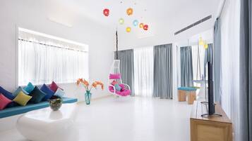 32-inch flat-screen TV with satellite channels, TV