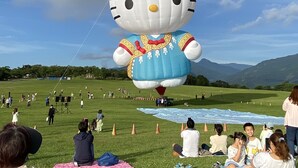 A large Hello Kitty balloon in a grassy field with people sitting on blankets. - Happy Life Hostel (Taitung)