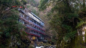 A multi-story building with balconies overlooking a river, surrounded by dense forest. - LiVEMAX RESORT Amagi-Yugashima (Izu)